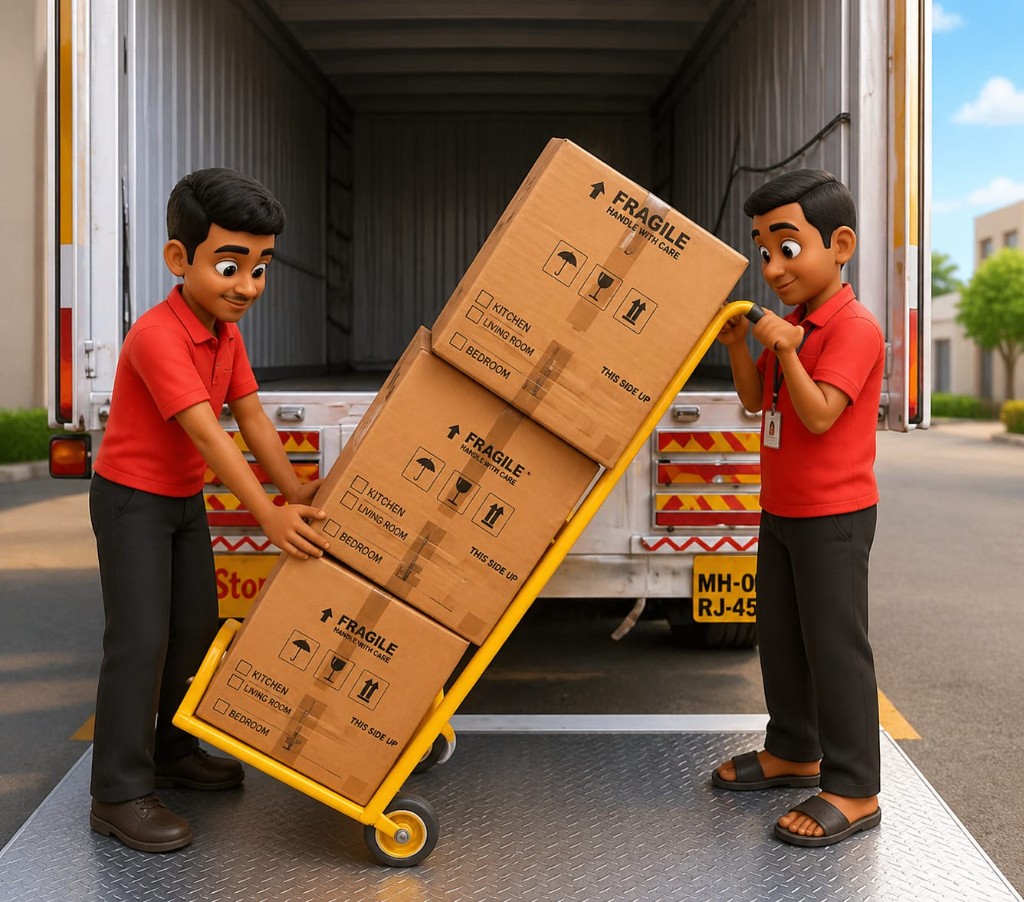 Professional movers loading labelled cartons onto a truck